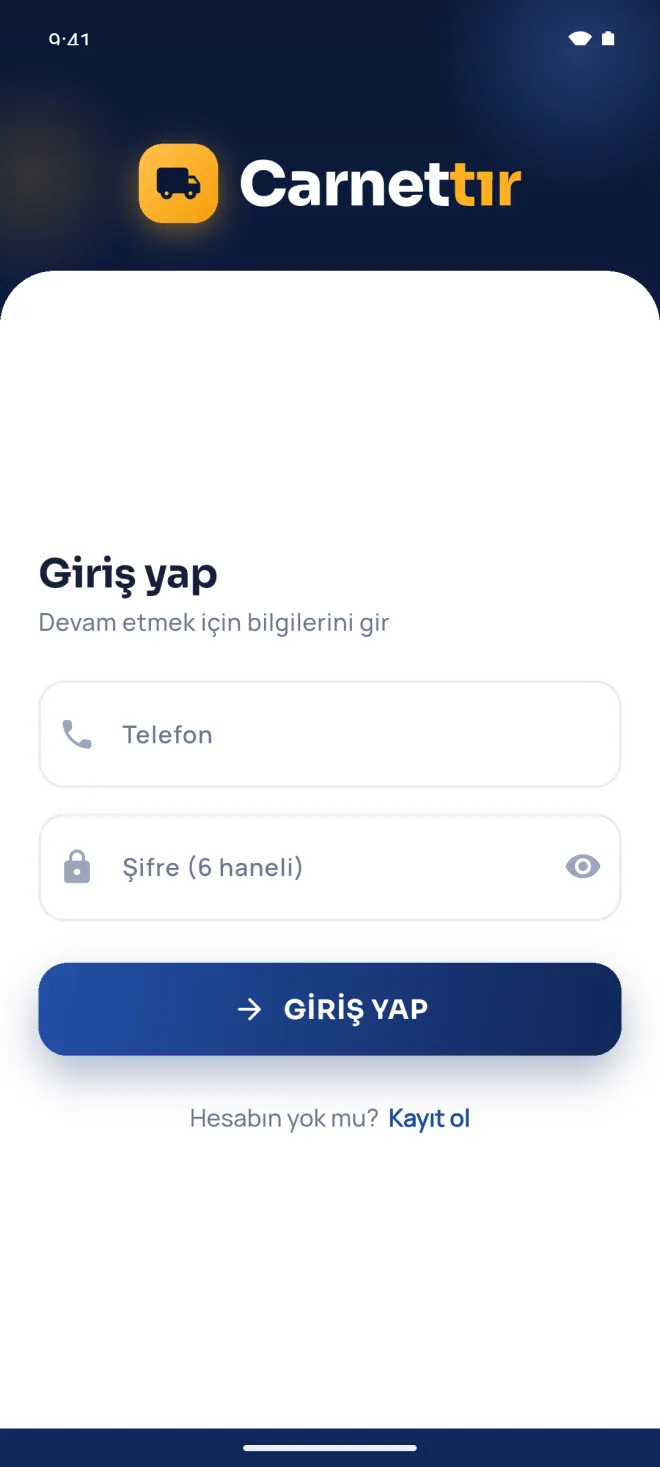 Carnettır uygulaması giriş ekranı