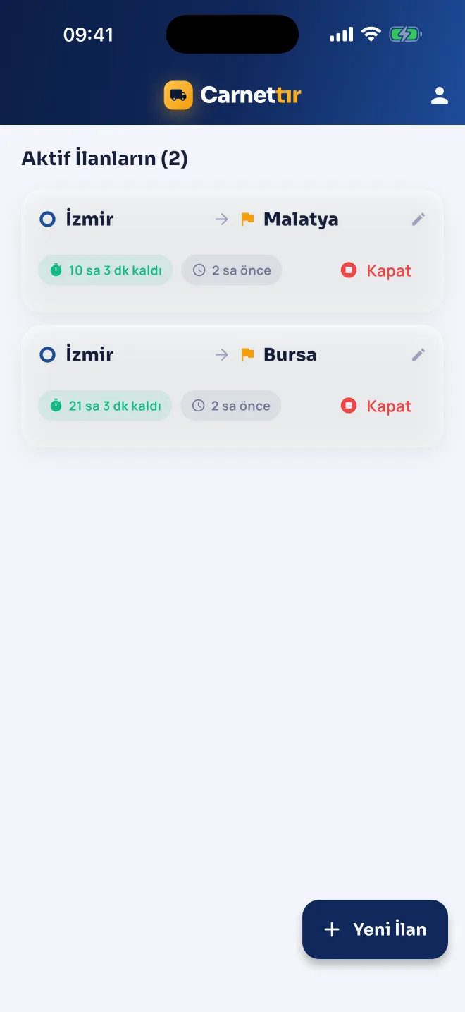 Şoförün aktif ilanlarını ve kalan sürelerini gösteren ekran
